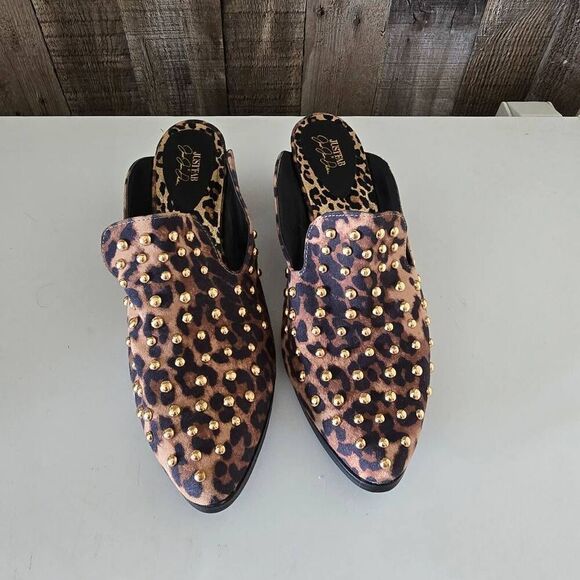JustFab “Rose” Leopard Print Gold Tone Studs Mules Women’s 9 - Picture 2 of 6